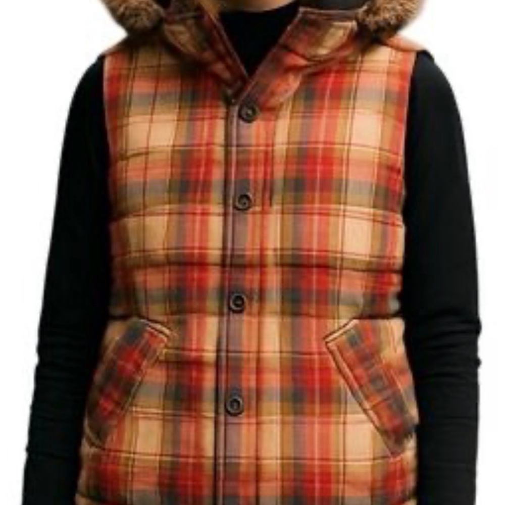 Roots Multicolor Plaid Vest with Faux Fur Hood
